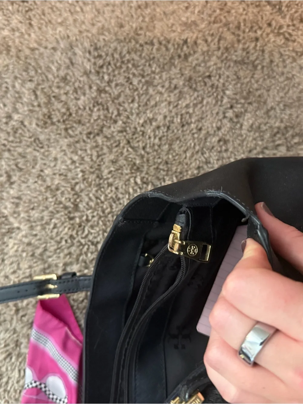 Tory Burch Black Leather Tote with Pink Scarf Accent